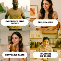 Four people in different settings with text about coffee's effects.