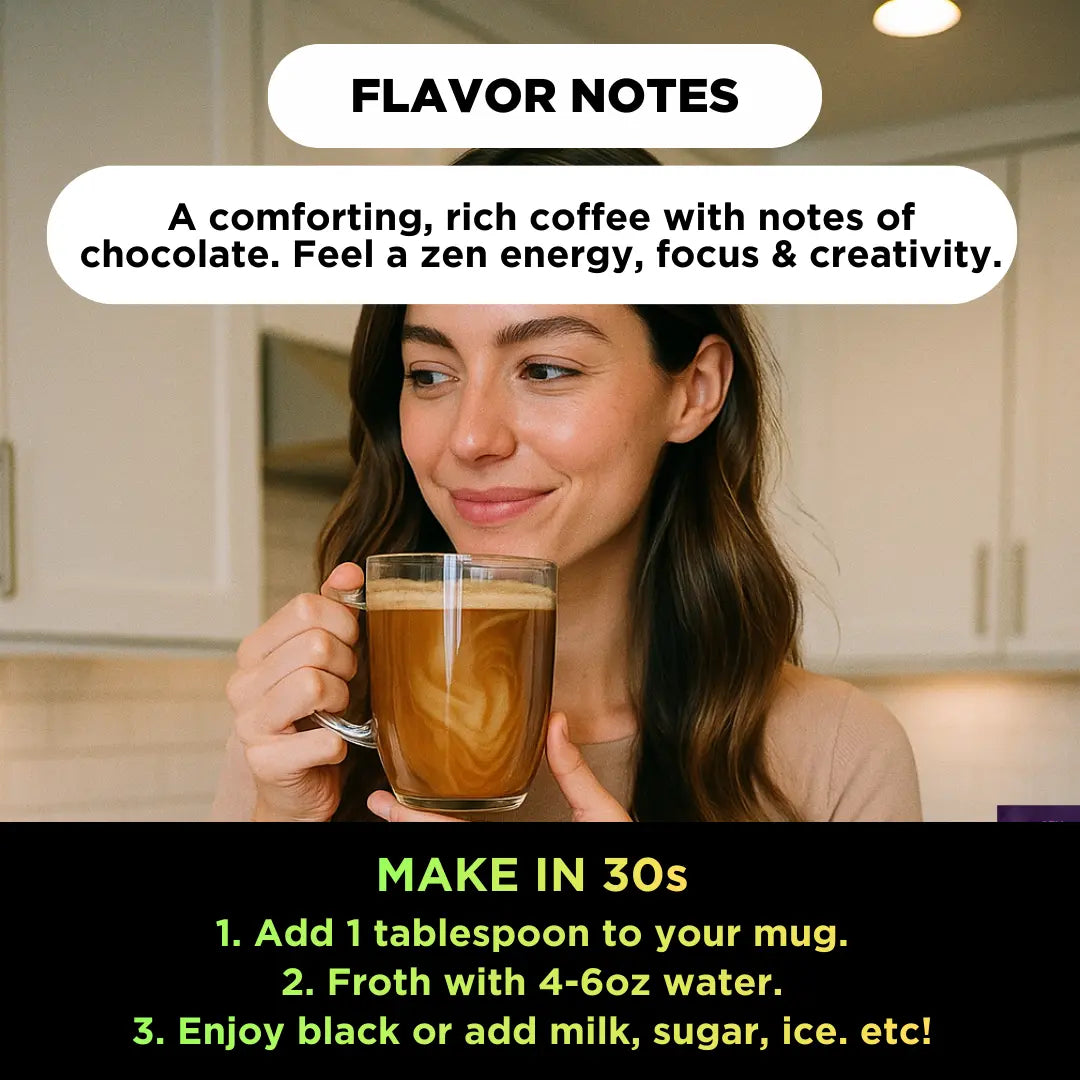 Woman holding a mug of coffee with flavor notes text overlay