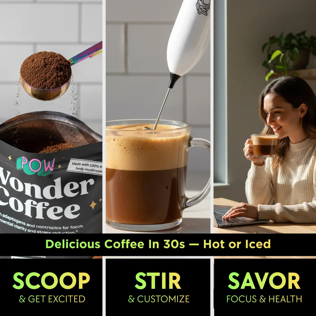 Collage of coffee preparation steps with text overlay on a white background