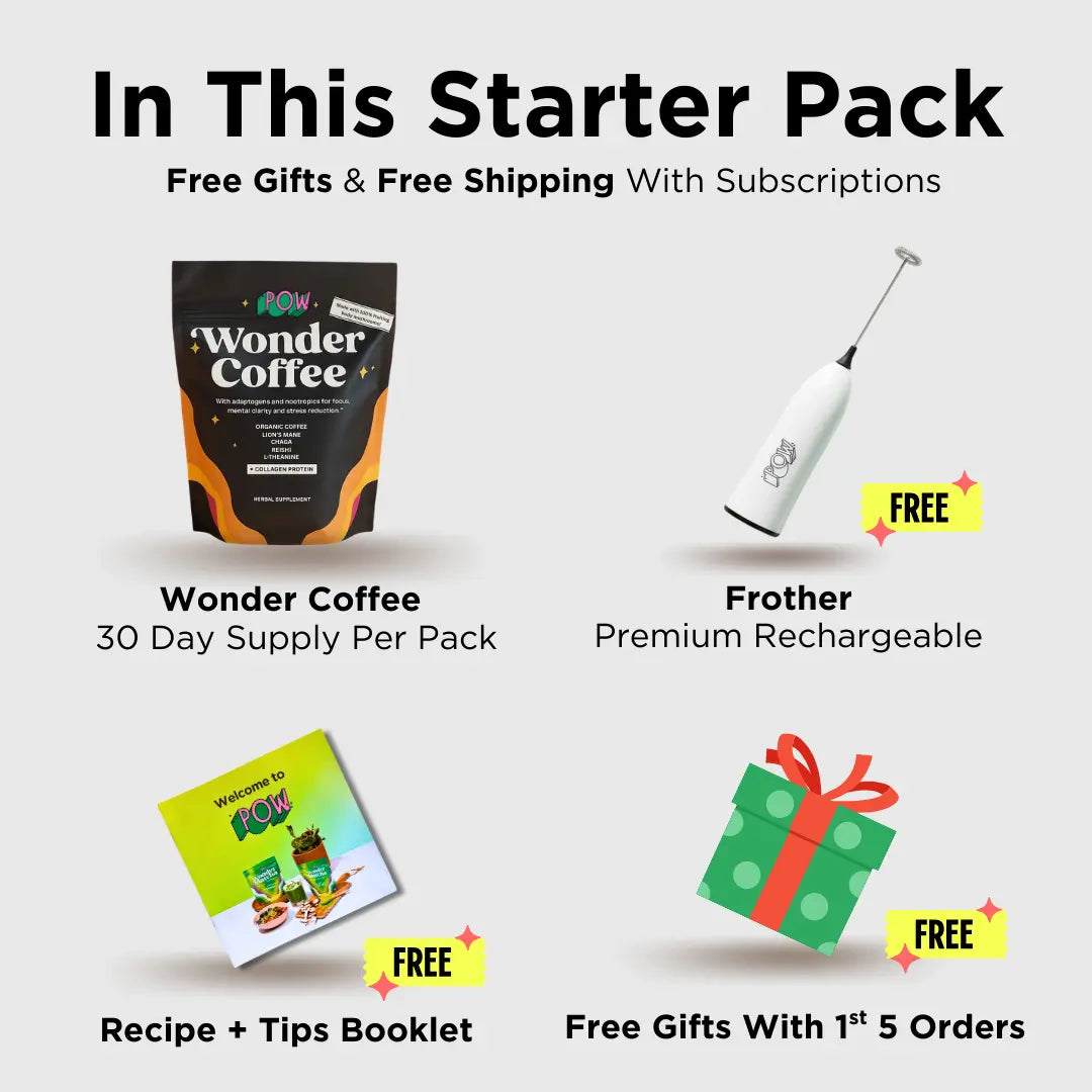 Starter pack with Wonder Coffee, Frother, recipe book, and gift box on a white background