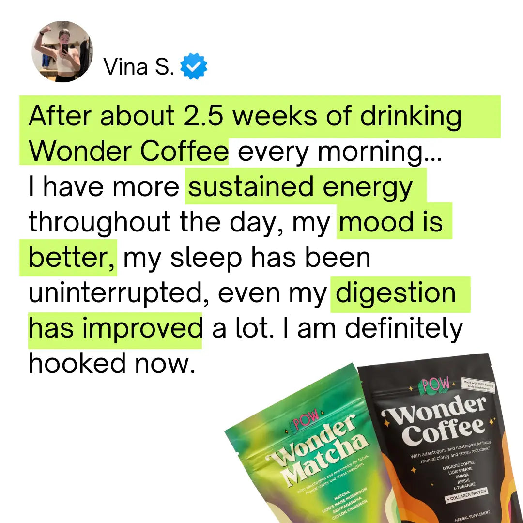 Product review of Wonder Coffee and Wonder Matcha with a user testimonial.