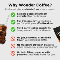 Why Wonder Coffee? It's about what we do and dont use in our produts. 8x more potent mushroom extracts, full transparency, and third party testing. No mycelium, grit or fillers.