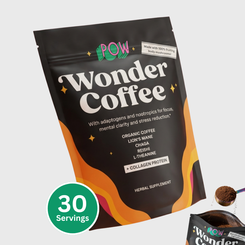 POW Wonder Coffee package with 30 servings label on a light gray background
