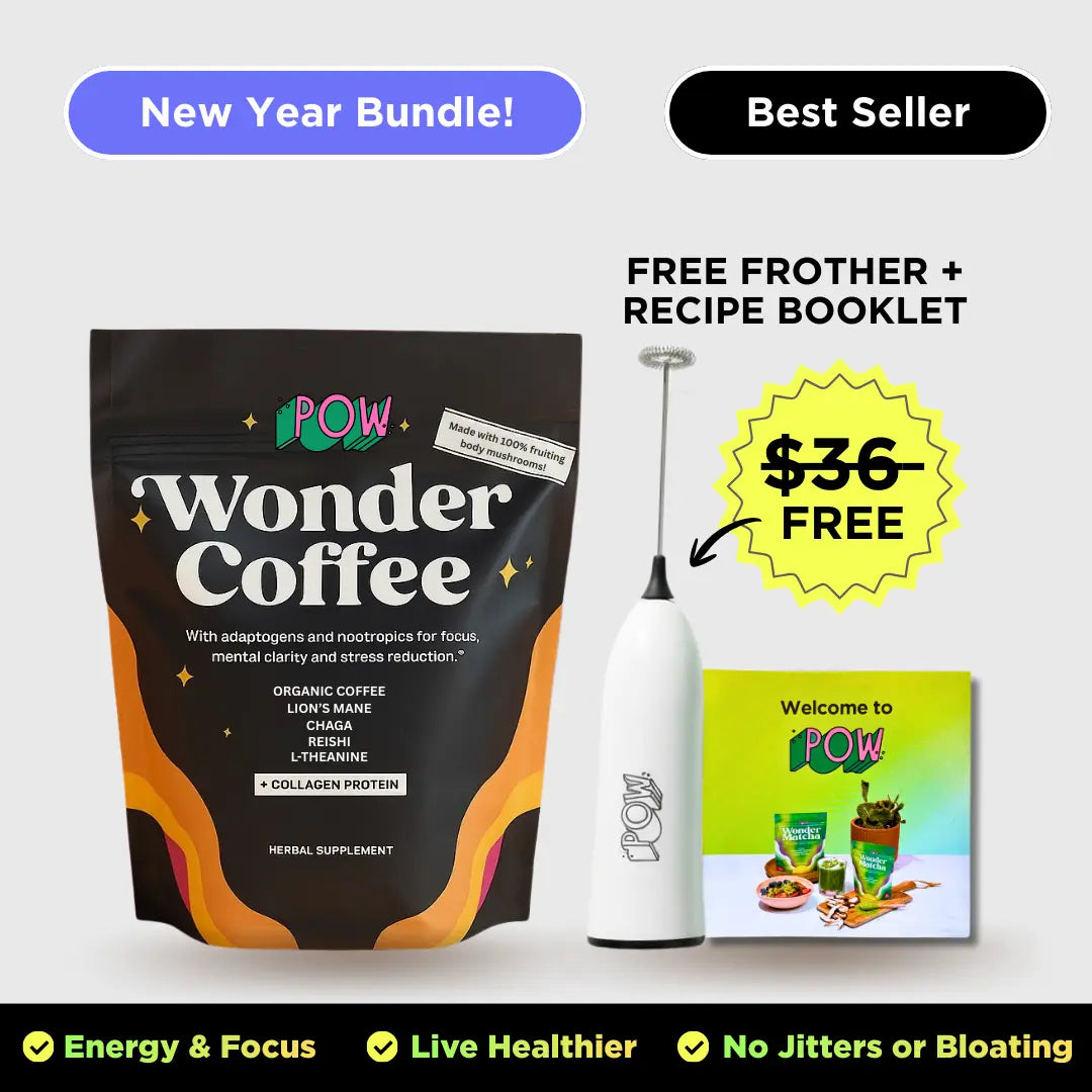 Wonder Coffee package with a free frother and recipe booklet on a white background