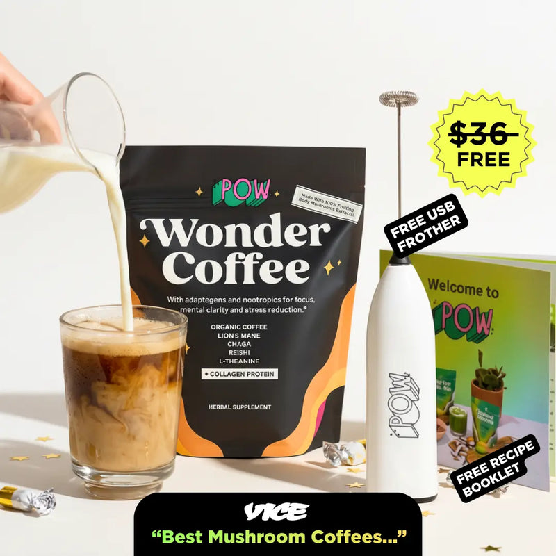 POW Wonder Coffee package with a glass of coffee, milk pitcher, and USB frother on a white background.