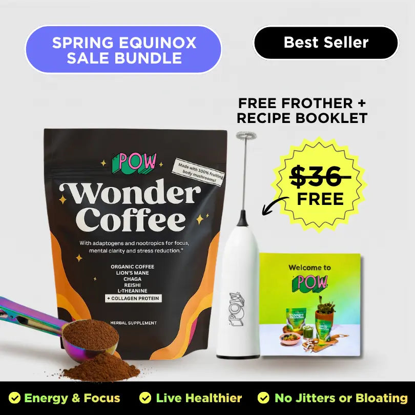 POW Wonder Coffee package with a milk frother and recipe booklet on a white background