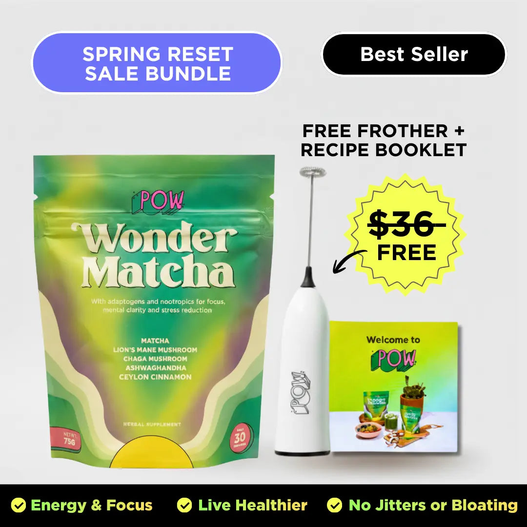POW Wonder Matcha package with a white whisk and recipe booklet on a light gray background