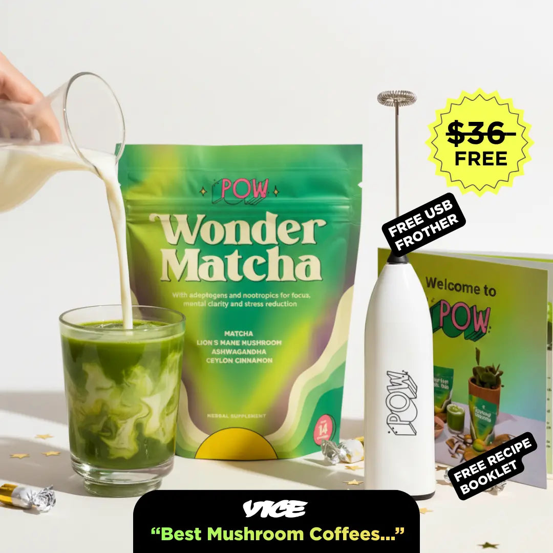 POW Wonder Matcha package with a glass of matcha, milk pitcher, and USB frother on a white background.