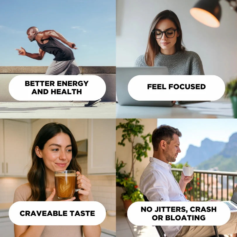 Four scenes showing people benefiting from wonder coffee functional mushroom coffee.