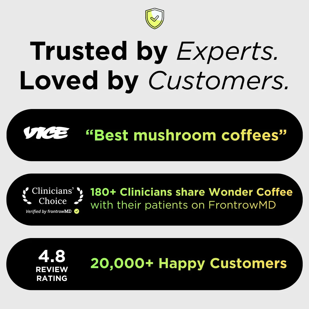 Promotional graphic with text about coffee brand's trustworthiness and customer love, featuring Vice and FrontrowMD.