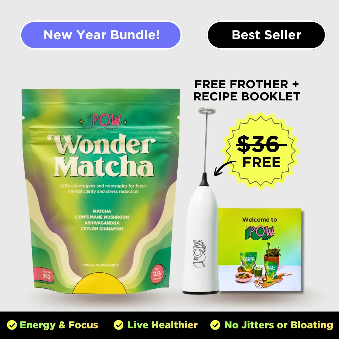 POW Wonder Matcha package with a milk frother and recipe booklet on a white background