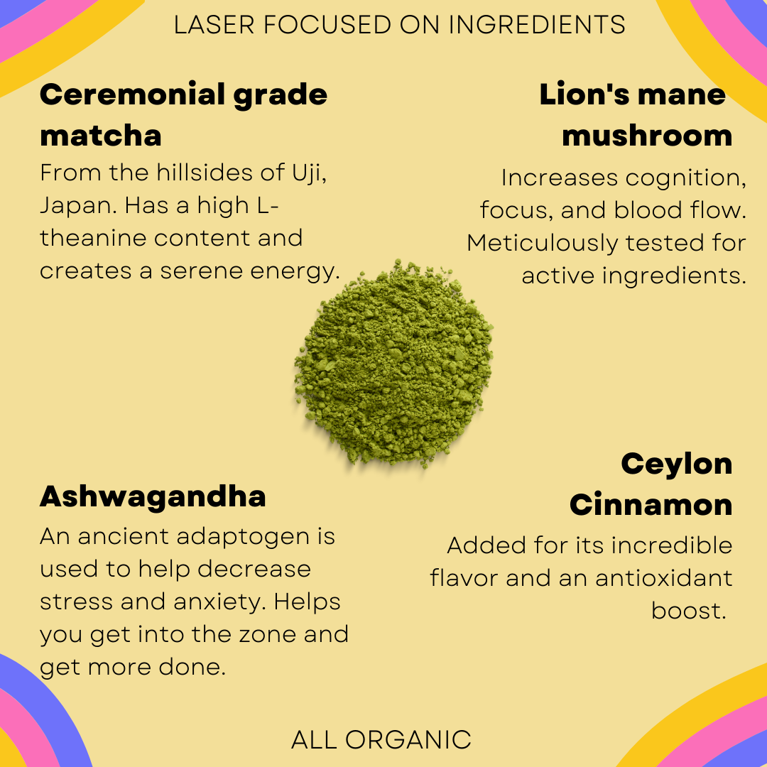 ingredients of magic matcha with benefits. Lion's mane mushroom for focus, ashwagandha for stress relief, and matcha for serene long lasting energy. 